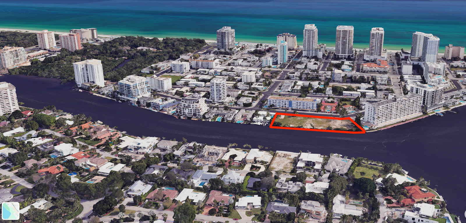 Google Earth 3D aerial view of 551 Bayshore Drive Fort Lauderdale showing dual water views
