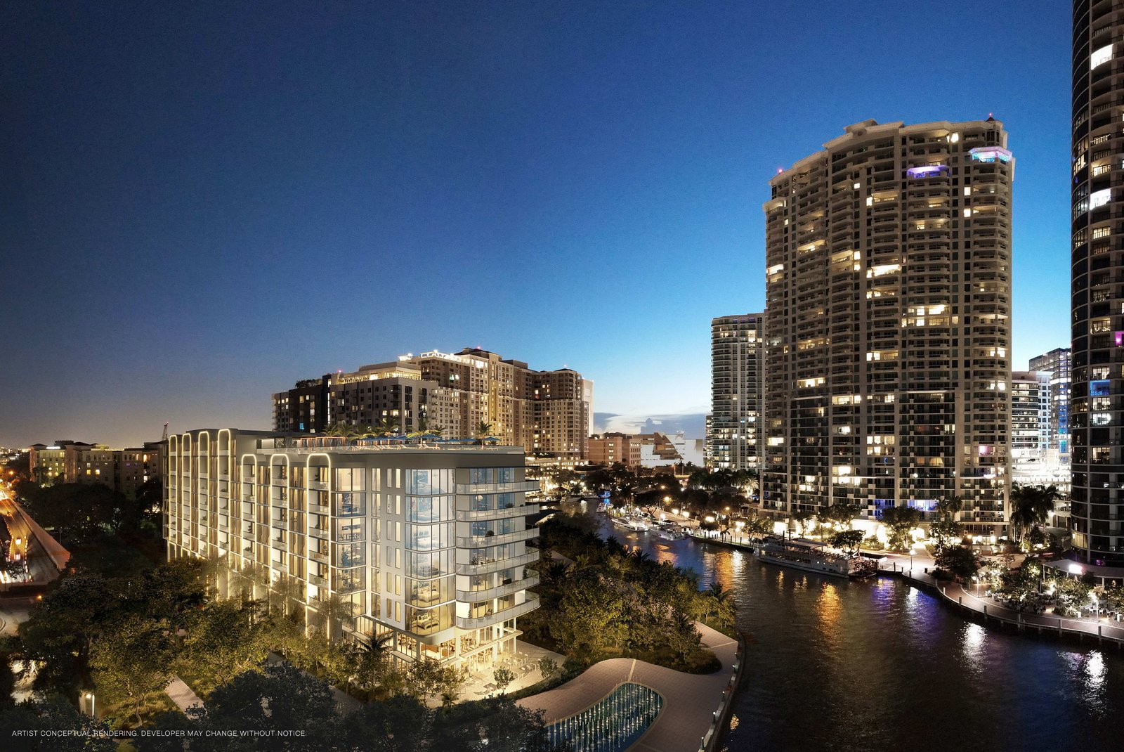 Sixth and Rio exterior night view from the New River