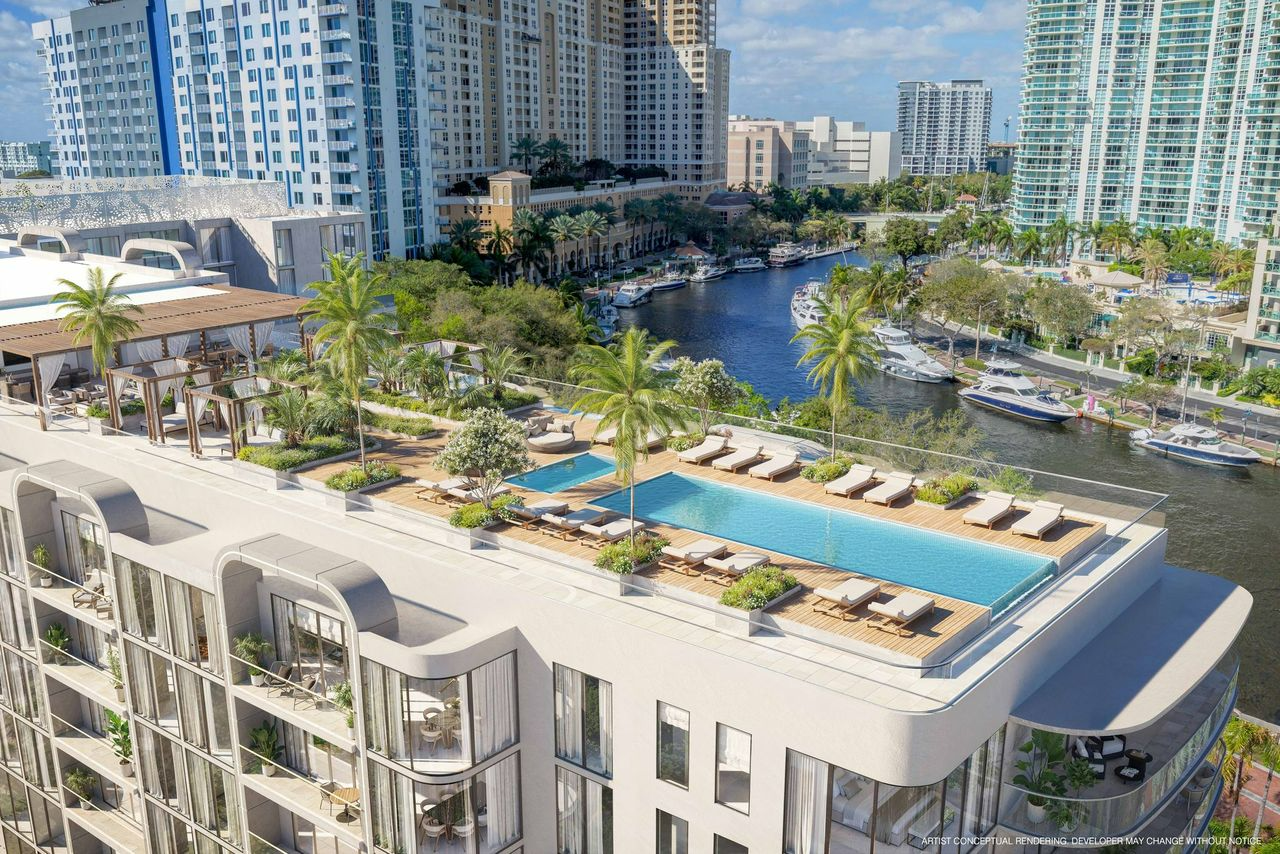 Sixth and Rio rooftop pool aerial view with New River
